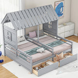 Twin Size House Platform Beds With 2 Drawers For Shared Use - Gray - Furniture Home Direct