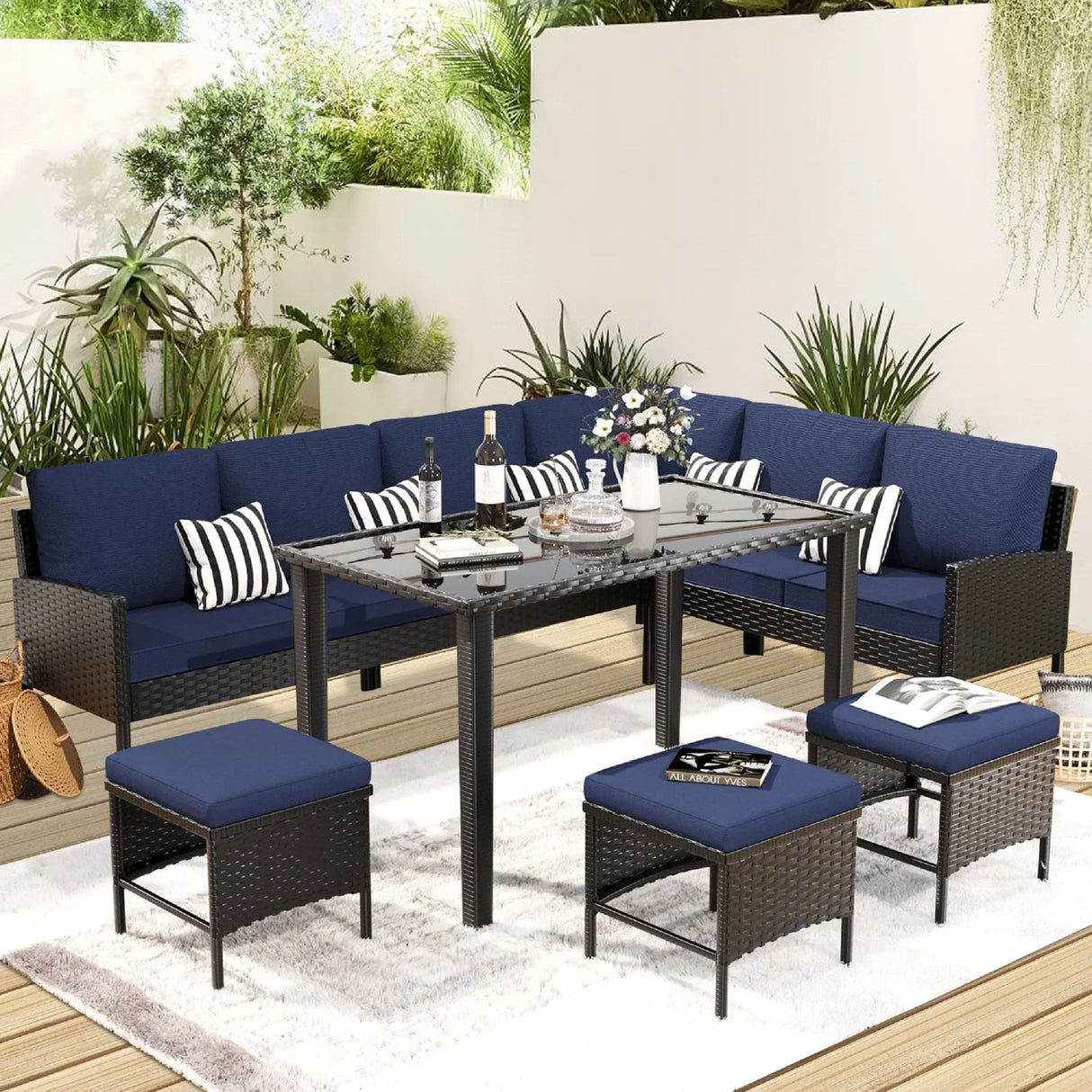 7 Piece Outdoor Furniture Set With Waterproof Cushions, Glass Table, And Space Saving Design - Blue - Furniture Home Direct
