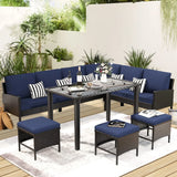 7 Piece Outdoor Furniture Set With Waterproof Cushions, Glass Table, And Space Saving Design - Blue - Furniture Home Direct