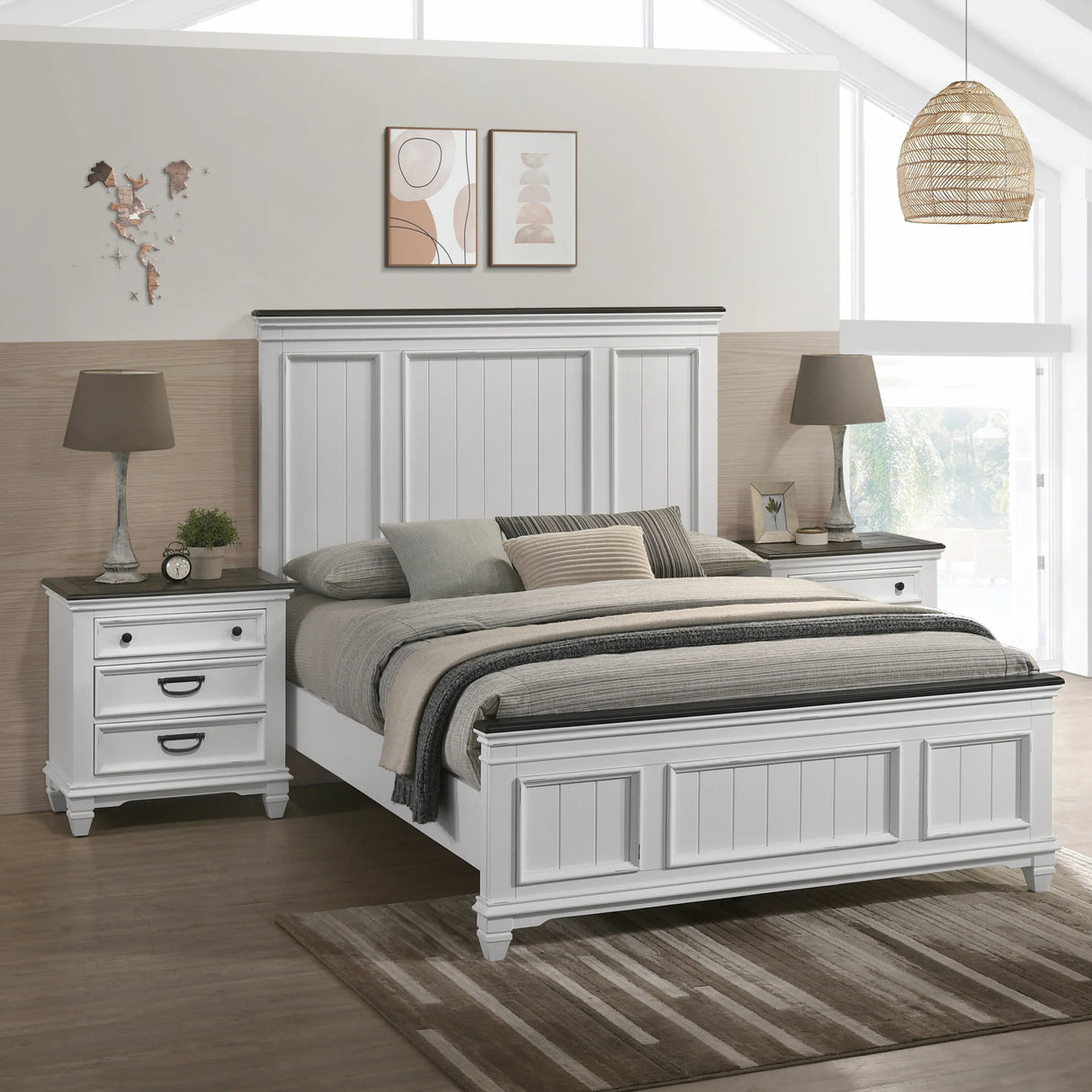 Queen Bed Set Wood Shiplap Panel Antique White Gray - Furniture Home Direct