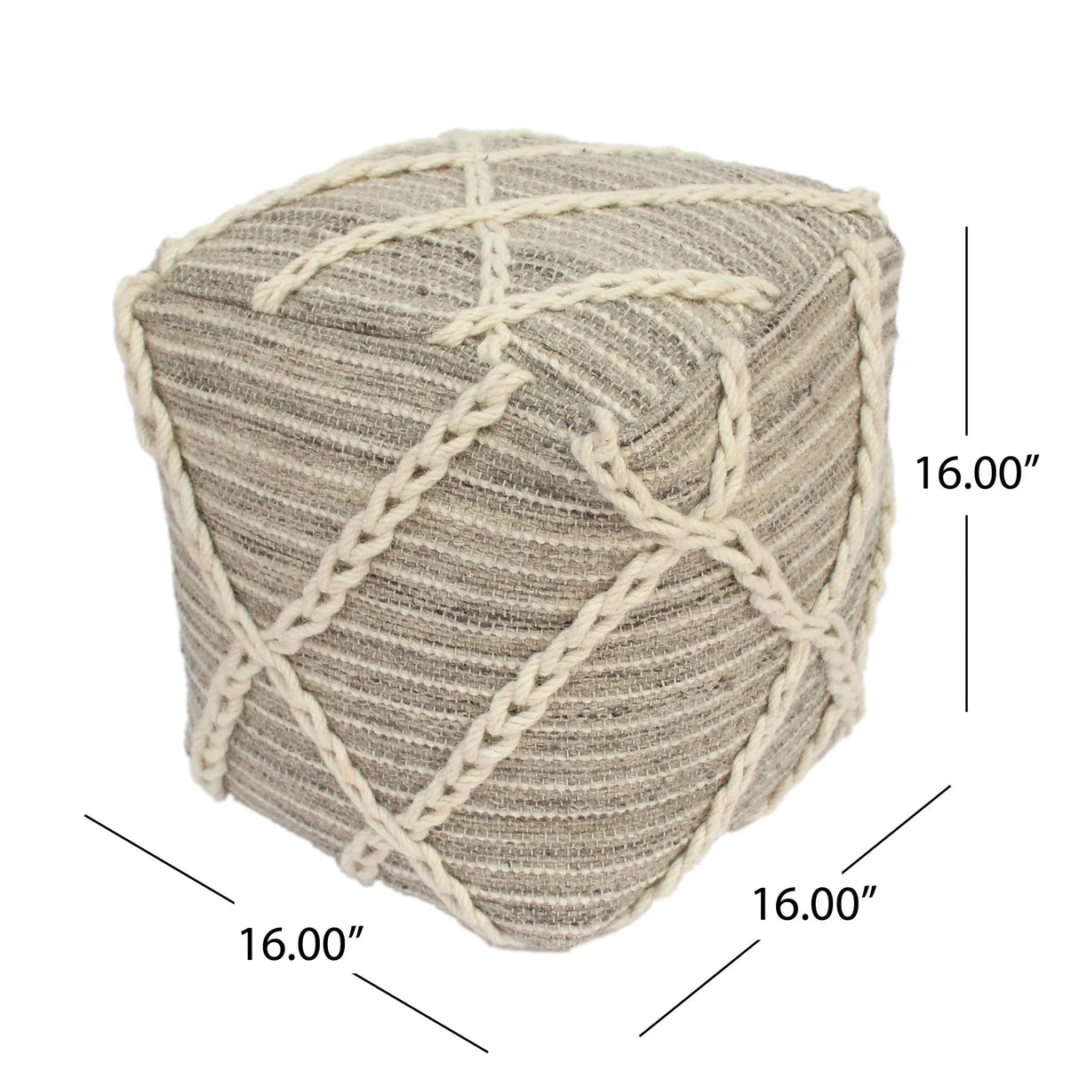 Modern Wool Rope Square Pouf Ottoman Floor Cushion - Gray / Ivory - Furniture Home Direct