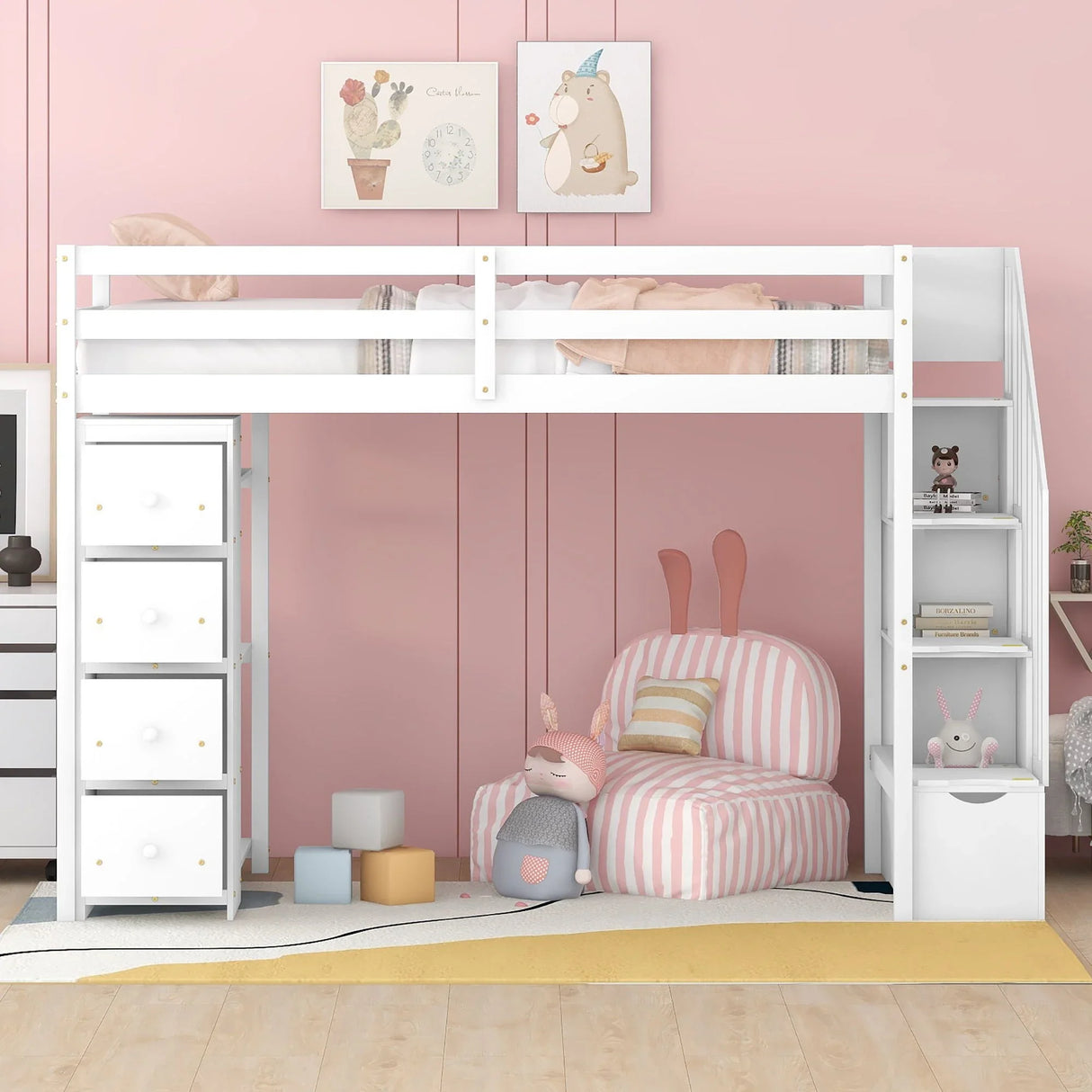 Loft Bed With Storage Drawers And Stairs With Shelves - Furniture Home Direct