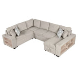 U-Shaped Sectional Sofa Pull-Out Sofa Bed With Two USB Ports, A Storage Chaise Lounge And Four Back Pillows For Living Room - Furniture Home Direct