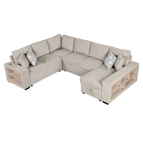 U-Shaped Sectional Sofa Pull-Out Sofa Bed With Two USB Ports, A Storage Chaise Lounge And Four Back Pillows For Living Room - Furniture Home Direct