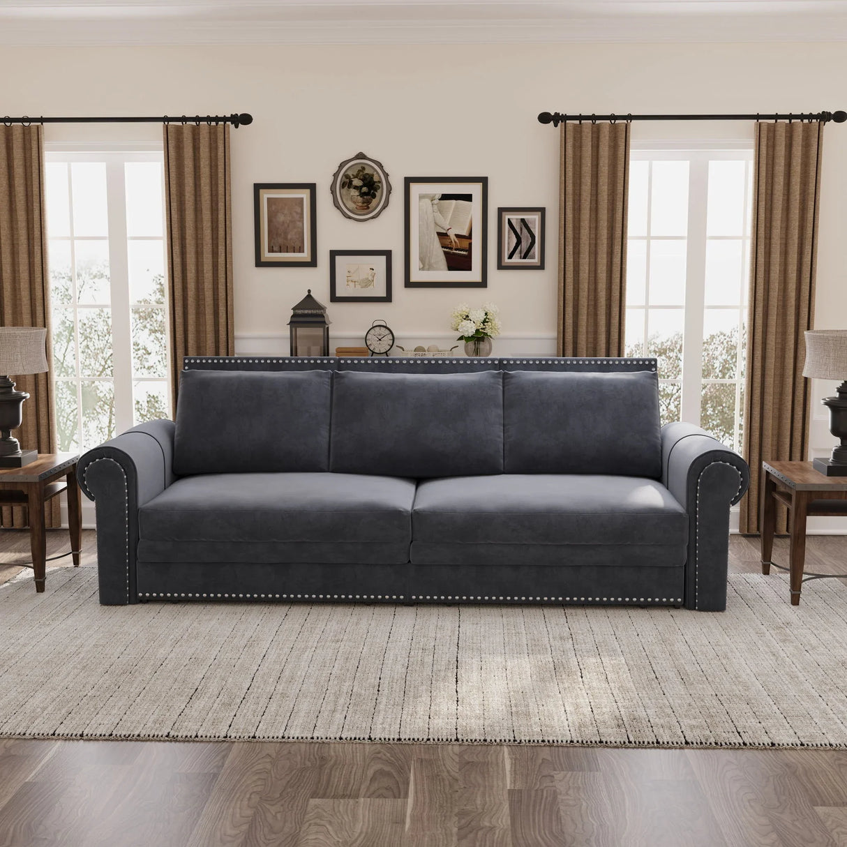 3 In 1 Convertible Sleeper Sofa With Nailhead Trim & Rolled Arm - Furniture Home Direct