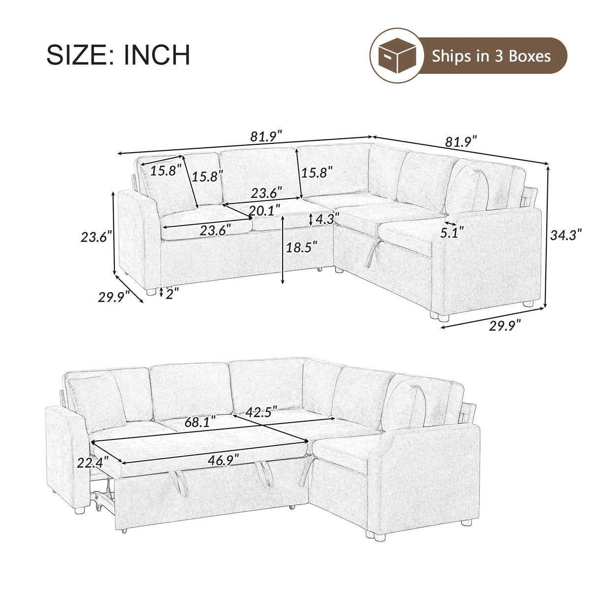 Modern L Shaped Sectional Sofa Bed With Hidden Storage Chenille Upholstery - Furniture Home Direct