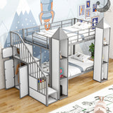 Metal Twin Over Twin Castle-Shaped Bunk Bed With Wardrobe And Multiple Storage - Gray / White - Furniture Home Direct