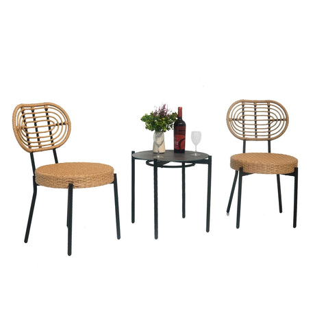 3 Pieces Of Luxury Outdoor Wicker Furniture Patio Bistro Style Table And Chair Combination, Weather Resistant PE Wicker Weave, Suitable For Garden - Black / Natural - Furniture Home Direct
