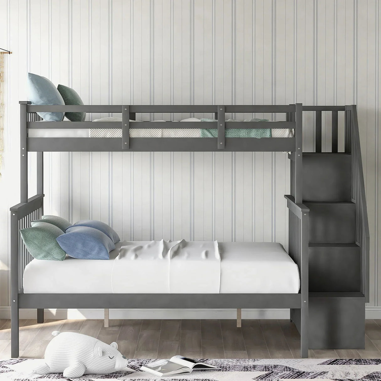 Stairway Bunk Bed With Storage And Guard Rail For Bedroom - Furniture Home Direct
