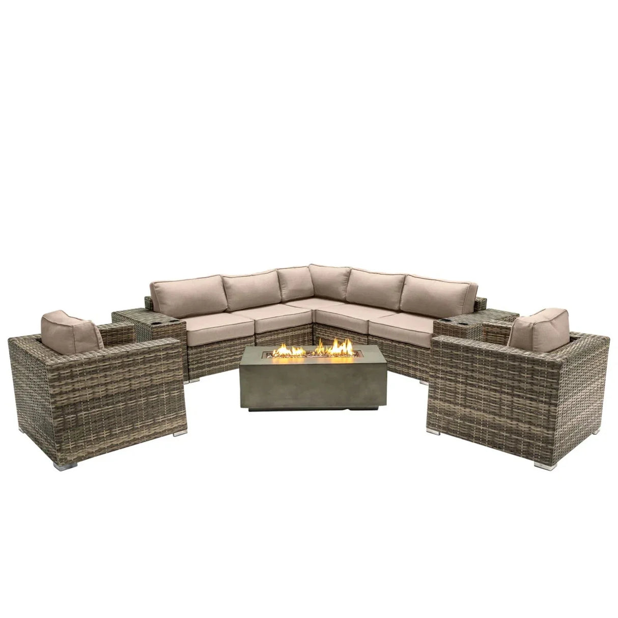 Rattan Wicker Patio Set With Cushions And Concrete Fire Pit - Furniture Home Direct