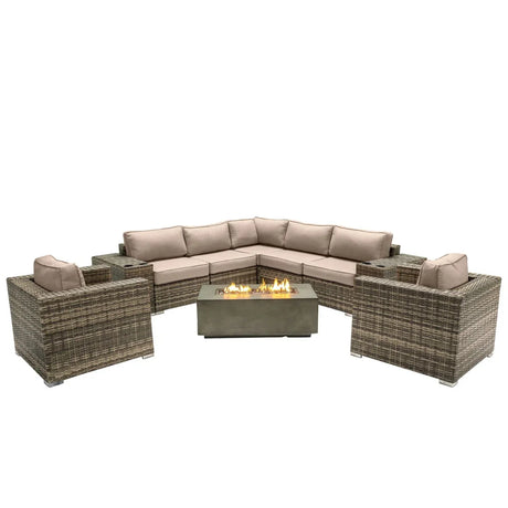 Rattan Wicker Patio Set With Cushions And Concrete Fire Pit - Furniture Home Direct