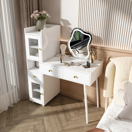 Vanity Dressing Table With LED Mirror & Storage Makeup Desk With 3 Drawers, 2 Open Shelves & 4 Hidden Cabinets - White - Furniture Home Direct