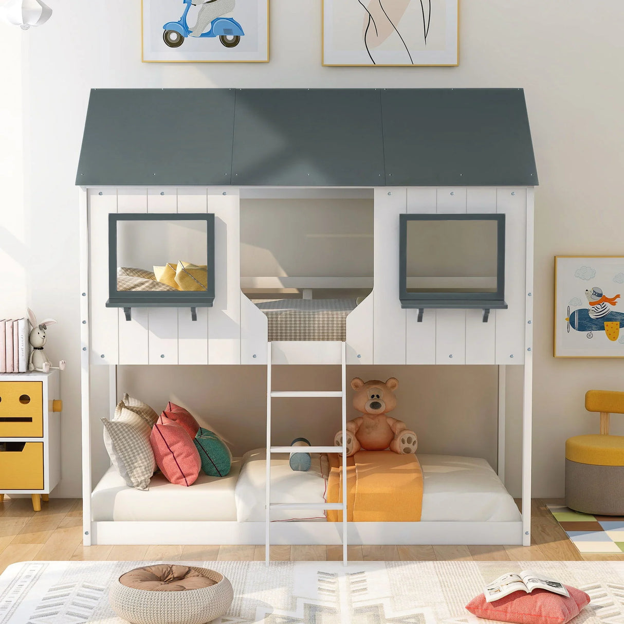 Twin Over Twin Bunk Bed With Roof, Window, Guardrail, Ladder - Furniture Home Direct