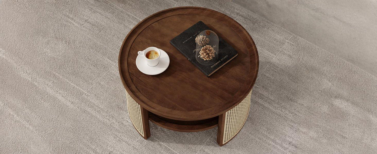 2-Tiered Round Walnut Wood Coffee Table - Furniture Home Direct
