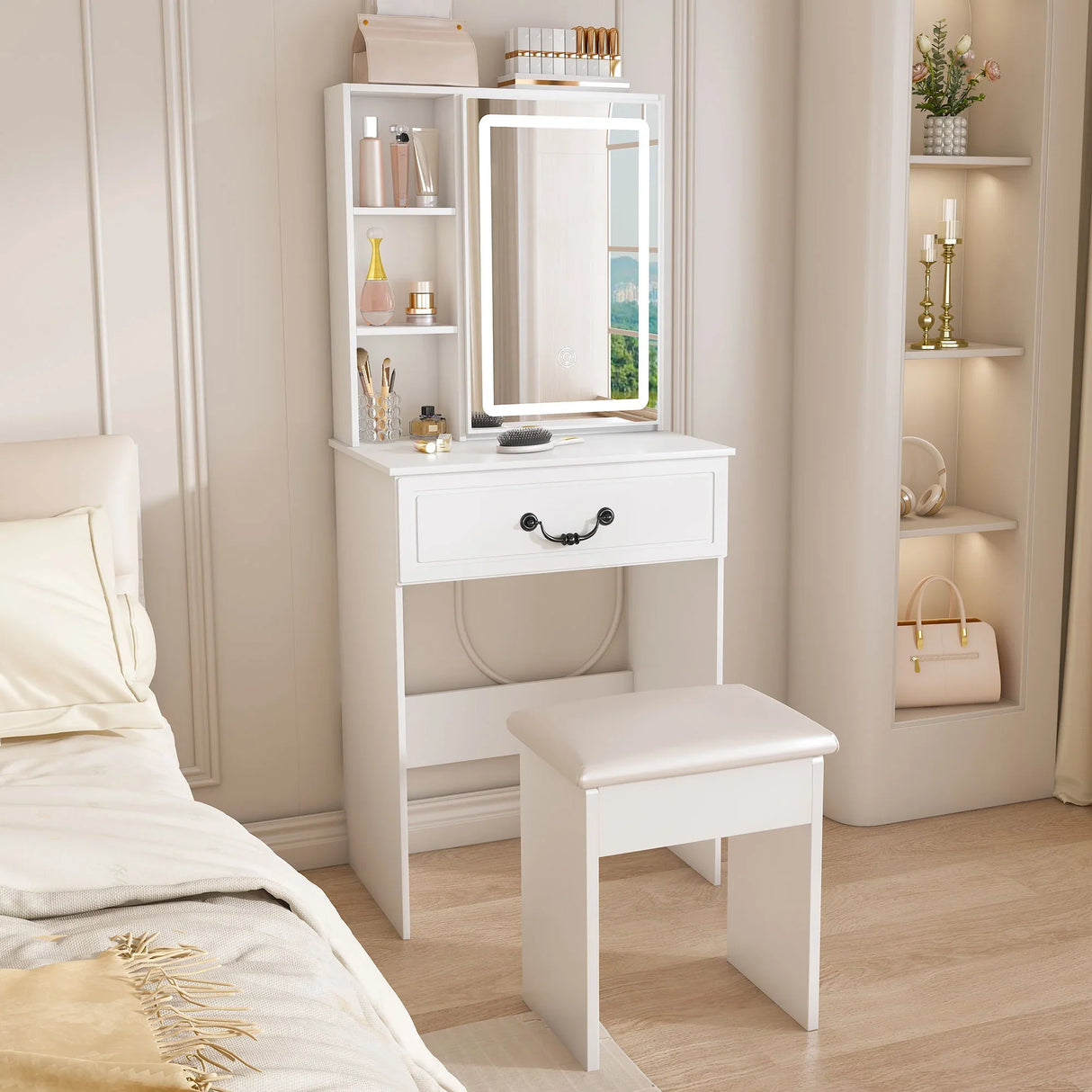 Modern Mini Dressing Table With Led-Lit Mirror & Hidden Storage, Adjustable Brightness Vanity Desk - White - Furniture Home Direct