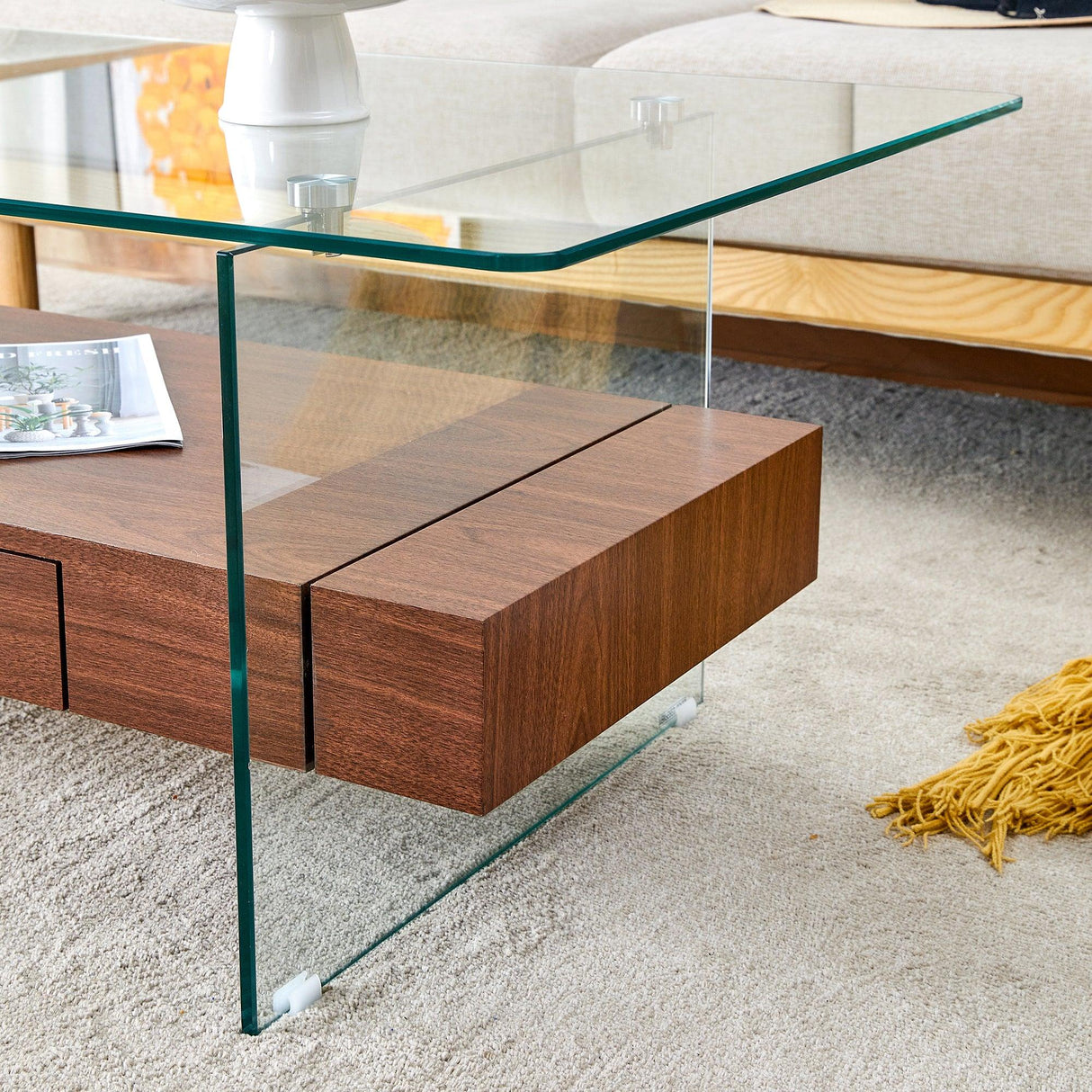 Coffee Table Two Tier Glass Top With Drawer Dark Walnut - Furniture Home Direct