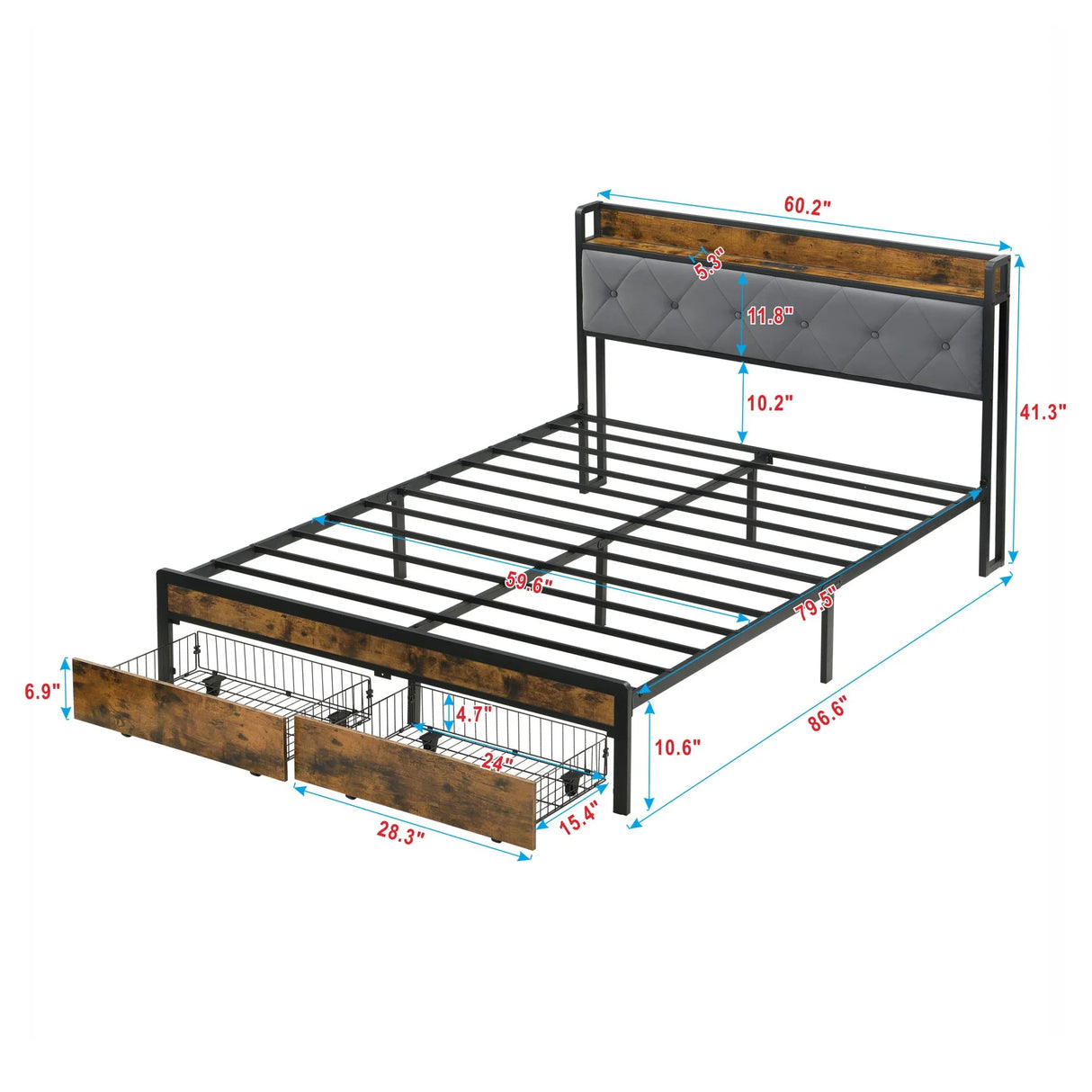 Modern Bed Frame With LED Lights, Upholstered Headboard, USB Charging - Furniture Home Direct