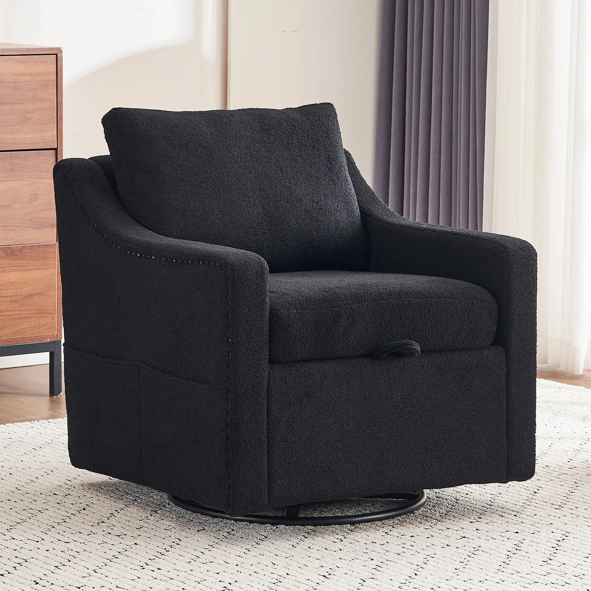 Linen Fabric 360° Swivel Accent Chair With Upholstered Back Pillow And Rivet Armrest - Furniture Home Direct