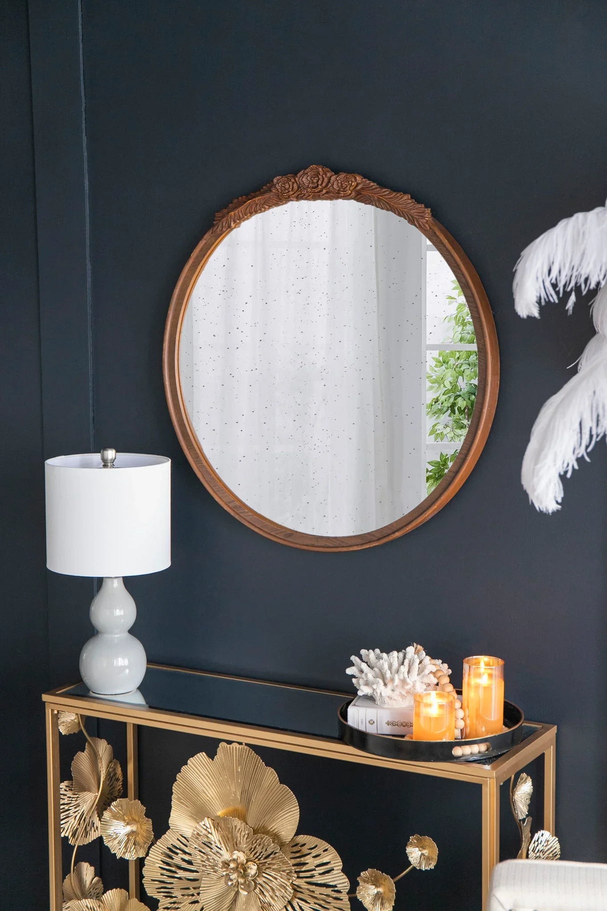 Round Hand Carved Rose Antique Mirror Frame, Wall Mirror For Live Space - Furniture Home Direct