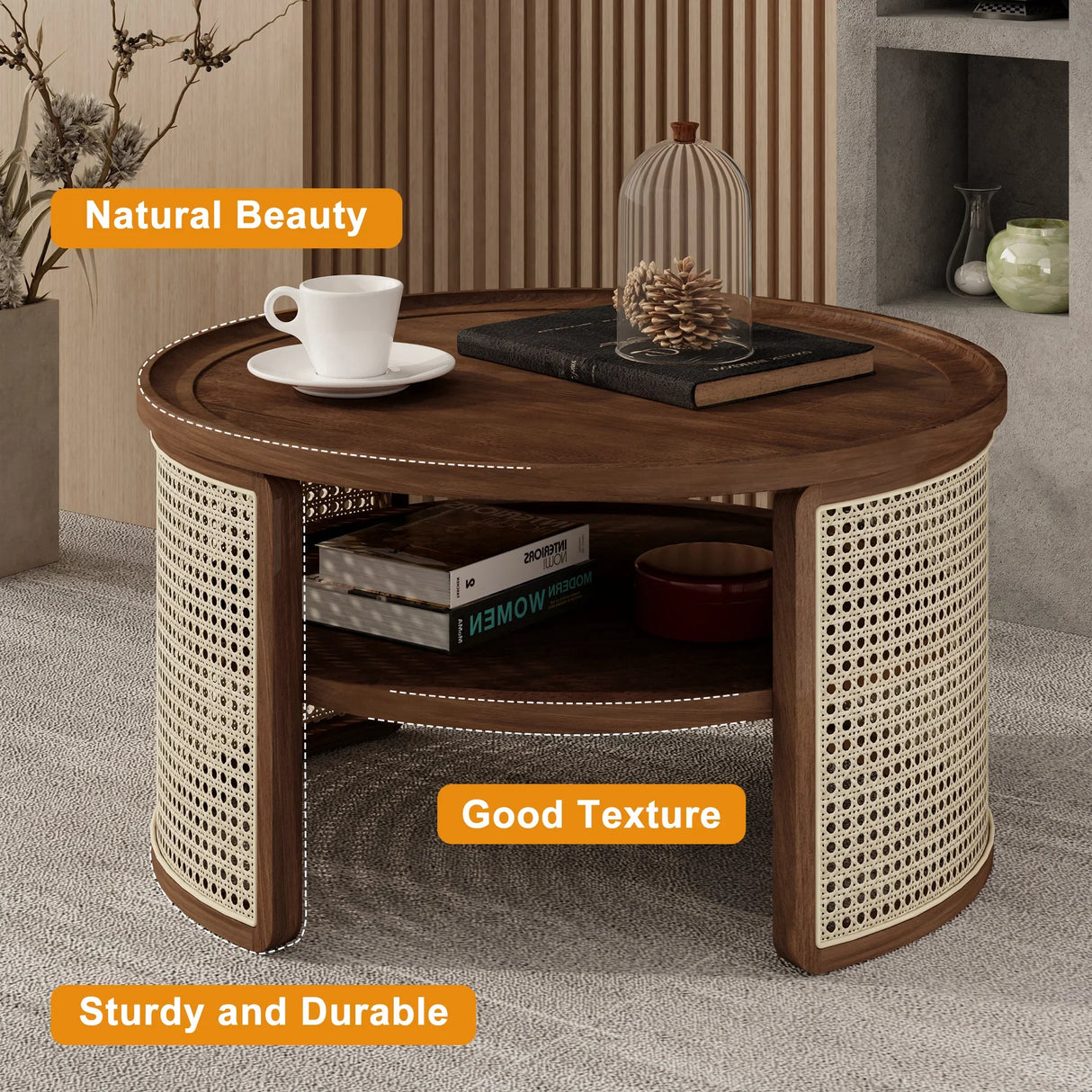2-Tiered Round Walnut Wood Coffee Table - Furniture Home Direct