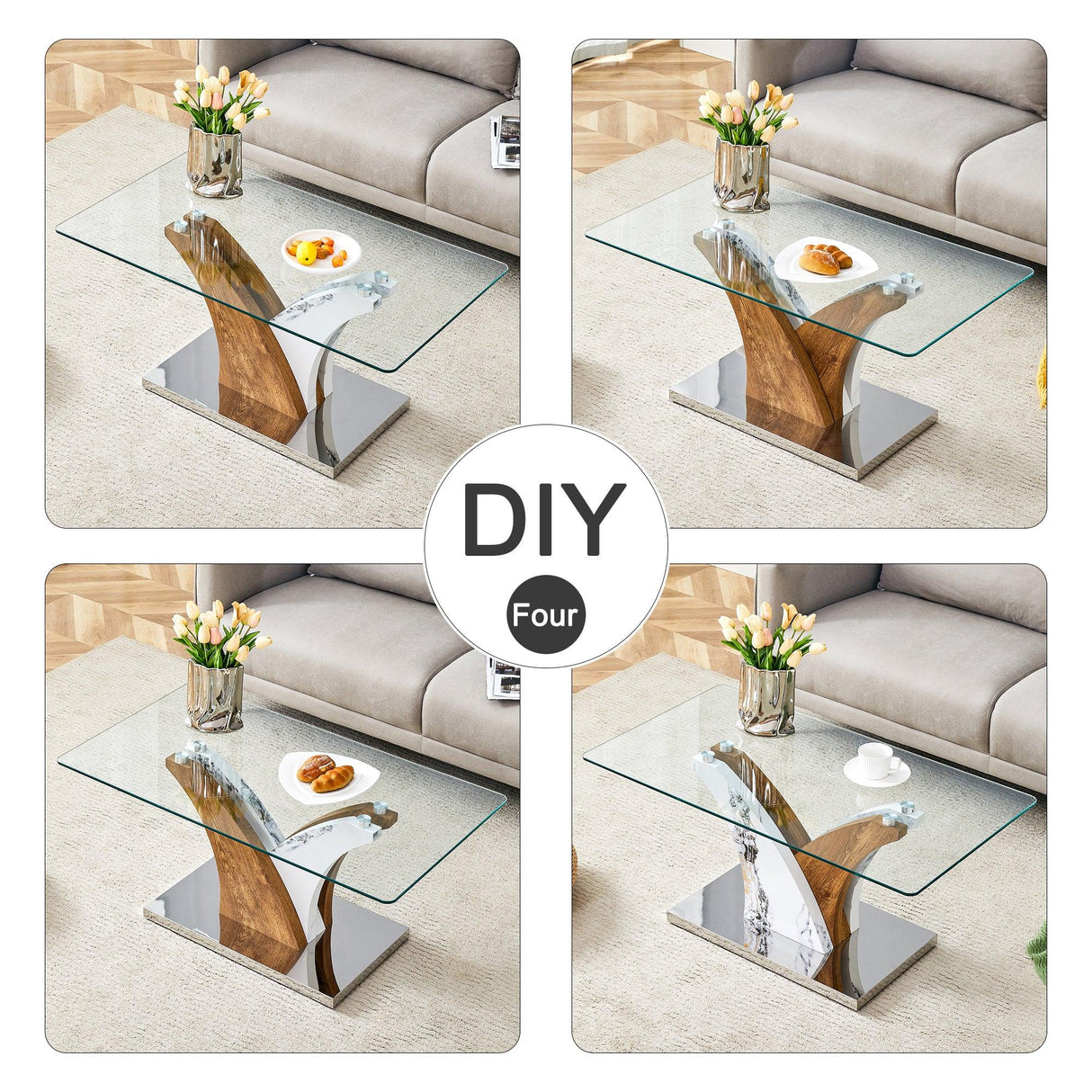 Coffee Table Glass Top With Wooden Base Modern Brown - Furniture Home Direct