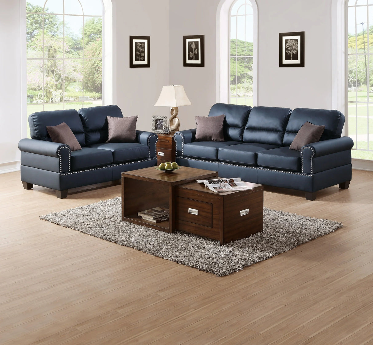 Black Bonded Leather 2 Piece living Room Set (Sofa and Love Seat) - Black - Furniture Home Direct