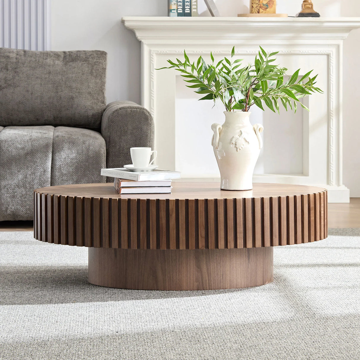 Coffee Table Drum Design With Slatted Sides Dark Walnut - Furniture Home Direct