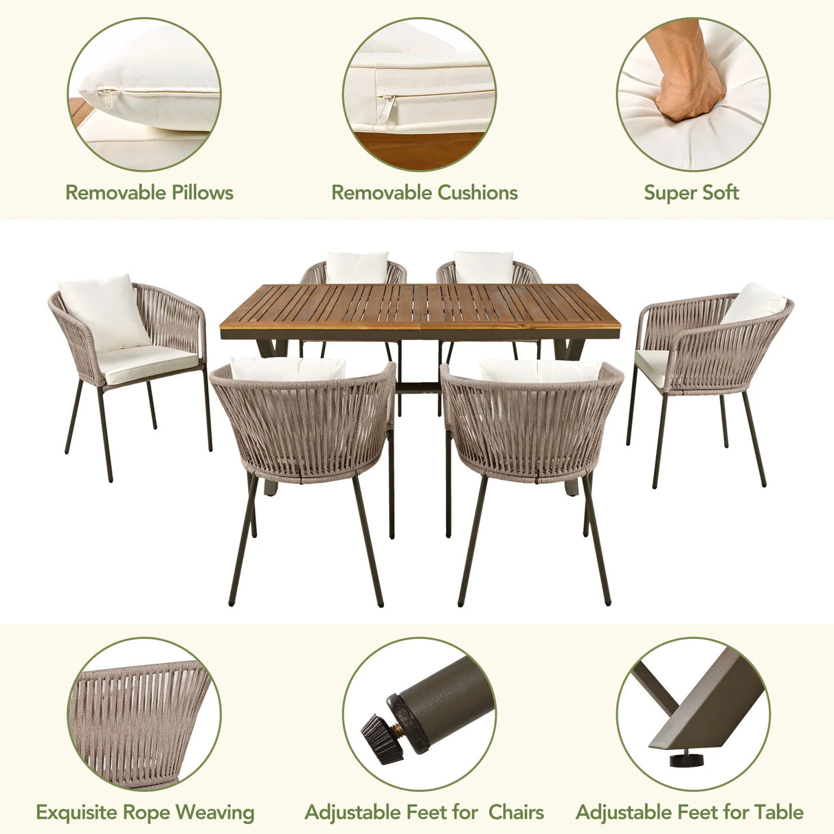 7 Piece All-Weather Patio Dining Set with Acacia Wood Tabletop and Metal Frame - Beige - Furniture Home Direct