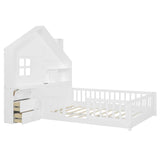 Full Size House Bed With Window And Bedside Drawers, Platform Bed With Shelves And A Set Of Sockets And USB Port - White - Furniture Home Direct