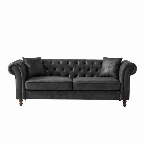 Chesterfield Sofa, High Tech Fabric Roll Armrest, 3 Seater Mid Century Modern Couch - Black - Furniture Home Direct