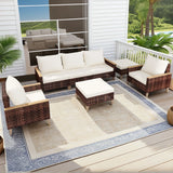 5 Piece Rattan Terrace Furniture Set, 7 Seats Cushions, High Footed Design - Furniture Home Direct