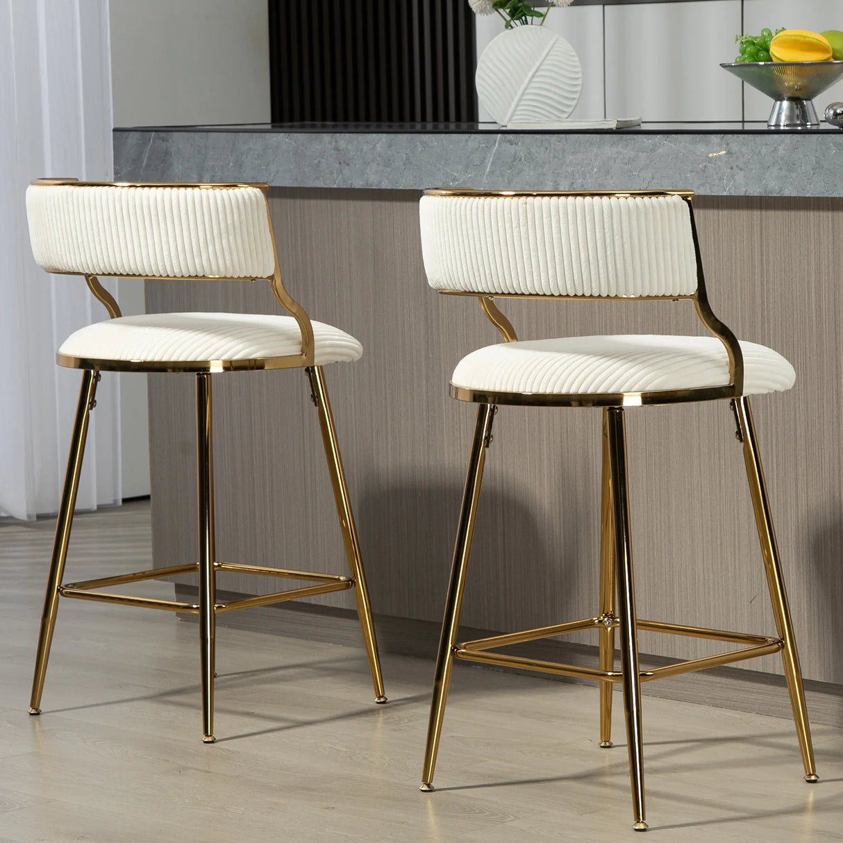 Counter Height Bar Stool Backrest Corduroy Upholstery Beige - Furniture Home Direct