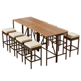 Outdoor Acacia Wood Bar Height Table And Eight Stools With Cushions - Furniture Home Direct