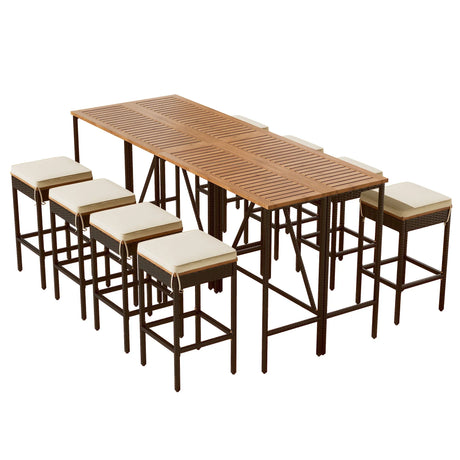 Outdoor Acacia Wood Bar Height Table And Eight Stools With Cushions - Furniture Home Direct