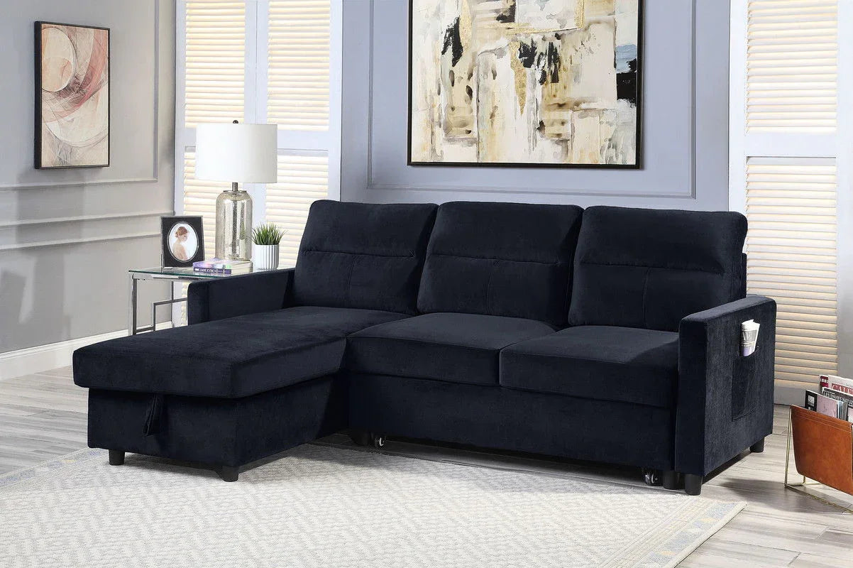 Ivy - Velvet Reversible Sleeper Sectional Sofa With Storage Chaise And Side Pocket - Furniture Home Direct