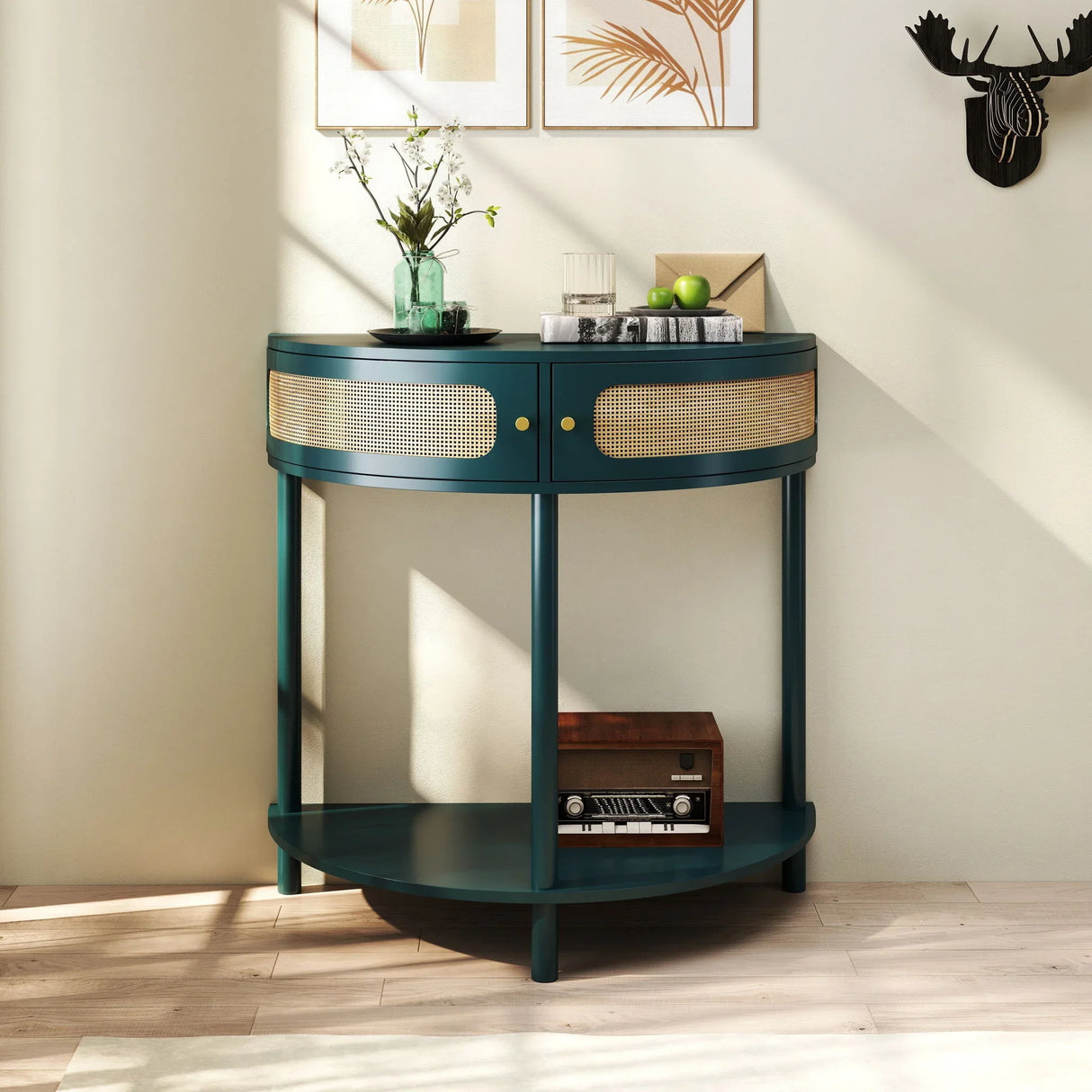 Boho Rattan Semi Circle End Table With Sliding Rattan Door, Storage And Bottom Shelf - Furniture Home Direct