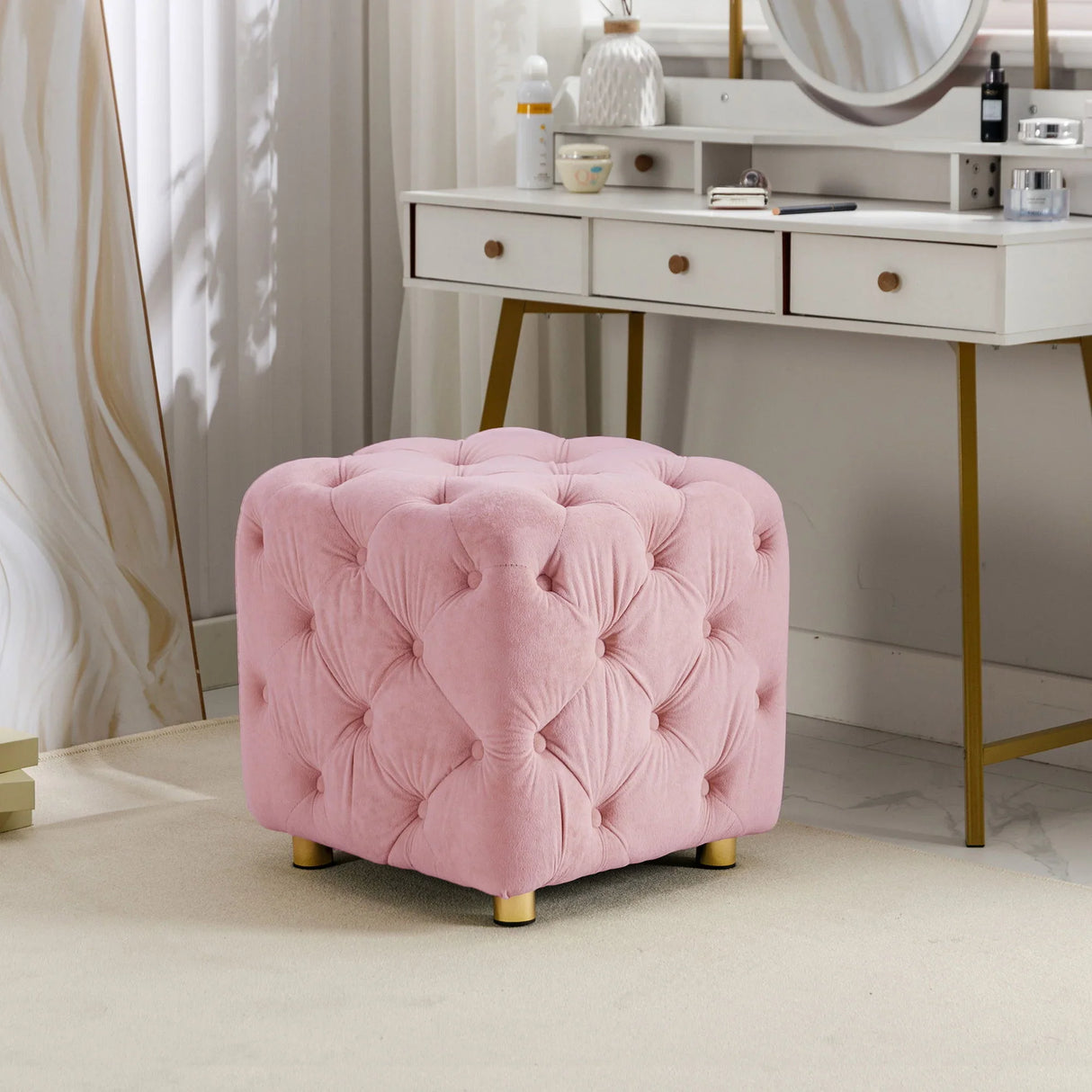 Modern Velvet Upholstered Ottoman, Exquisite Small End Table, Soft Foot Stool, Dressing Makeup Chair, Comfortable Seat For Living Room, Bedroom, Entrance - Furniture Home Direct