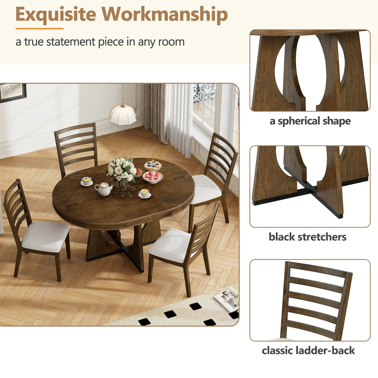 Dining Set Round Table With Four Upholstered Chairs Walnut - Furniture Home Direct