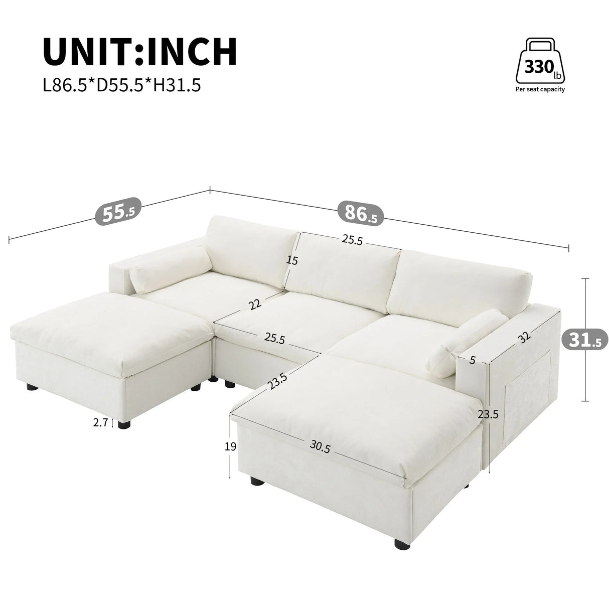 Modular Sectional With Storage Pockets, 5 Seat U Shaped Couch Set With Pillows, Free Combination Modern Cloud Sofa With 2 Movable Ottoman - Furniture Home Direct