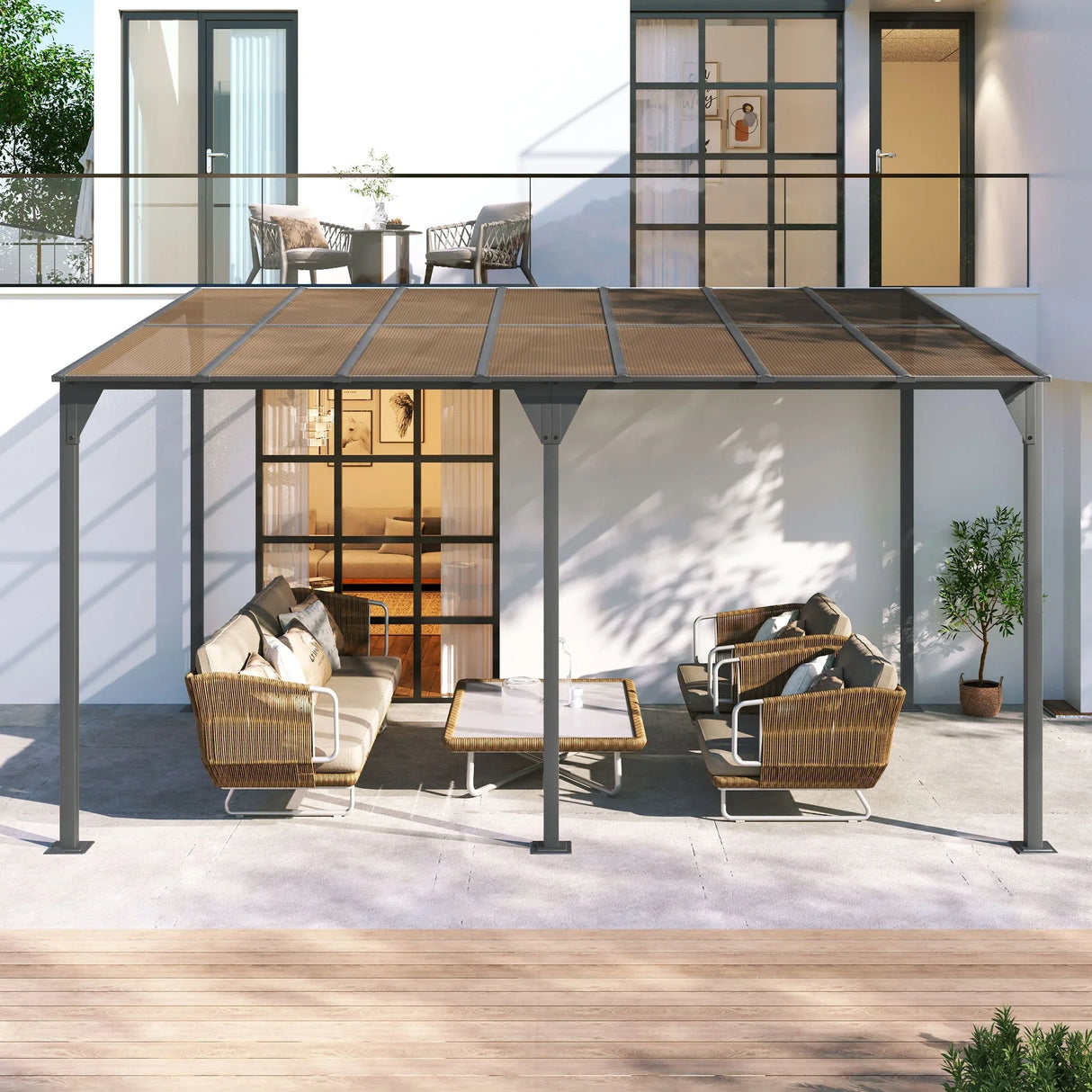 Outdoor Wall Mounted Gazebo With Sloped Roof Design, Uv Protection, And Durable Iron Frame - Gray - Furniture Home Direct