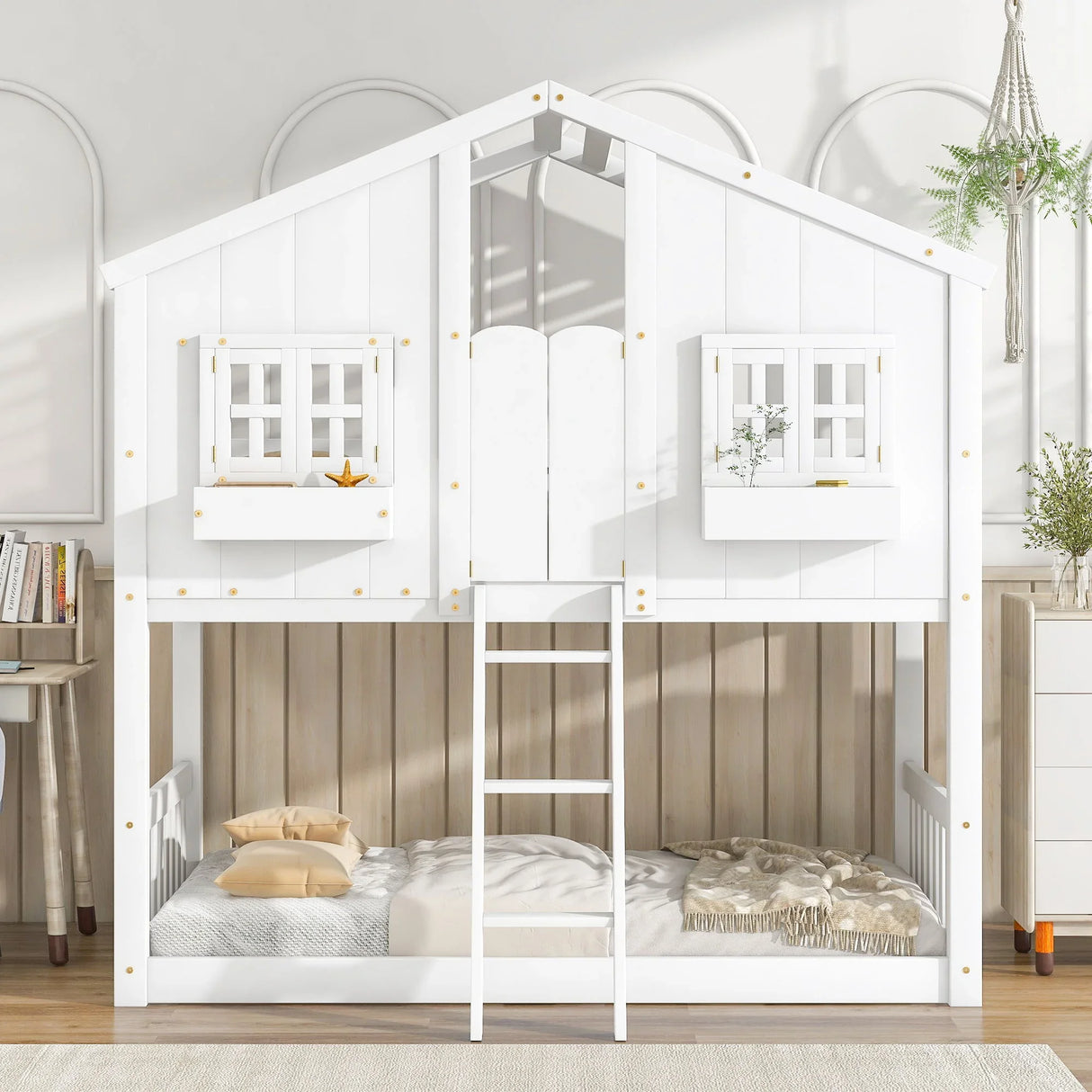 House Bunk Bed With Roof, Window, Window Box, Door, With Safety Guardrails And Ladder - Furniture Home Direct