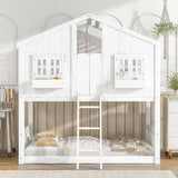 House Bunk Bed With Roof, Window, Window Box, Door, With Safety Guardrails And Ladder - Furniture Home Direct