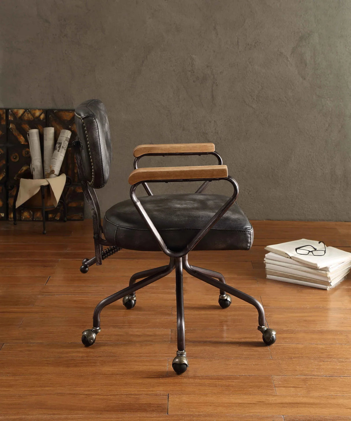 Hallie - Top Grain Leather Office Chair - Vintage Black - Furniture Home Direct