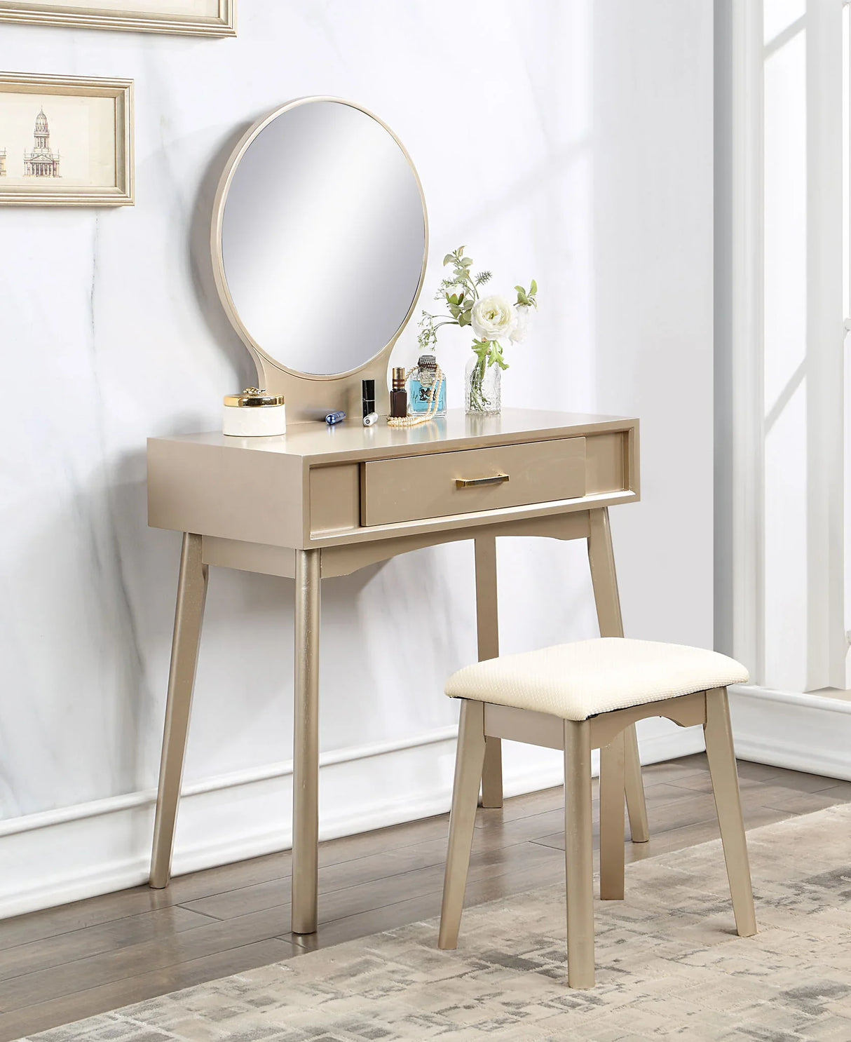 Maly - Contemporary Wood Vanity And Stool Set - Gold - Furniture Home Direct