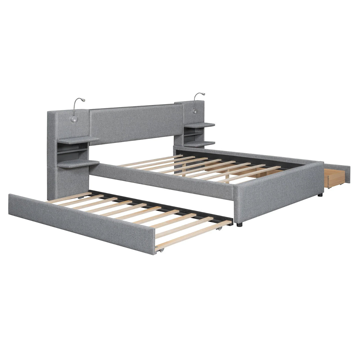 Upholstered Platform Bed With Reading Lights, Drawers, Trundle And Shelves - Furniture Home Direct