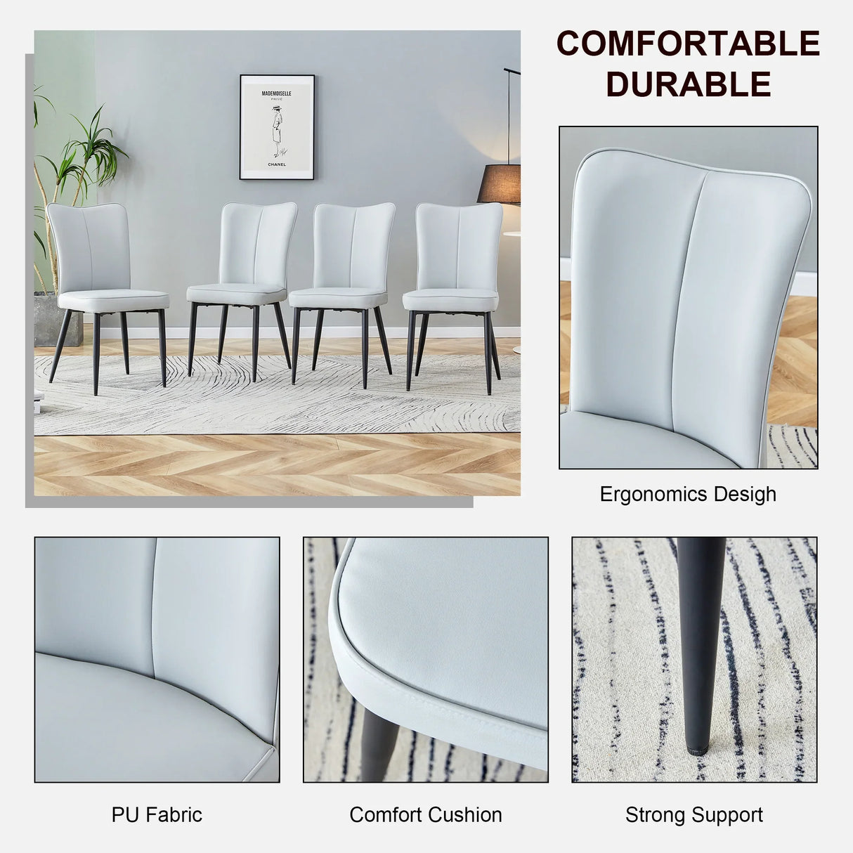 Dining Chairs Upholstered PU Cushions Modern Light Gray - Furniture Home Direct
