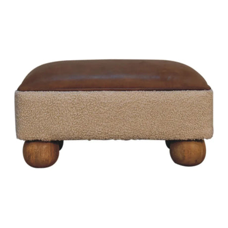 Vintage Leather Boucle Ball Footstool - Brown - Furniture Home Direct