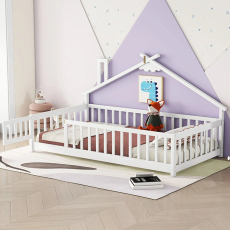 House-Shaped Bedside Floor Bed With Guardrails, Slats, With Door - Furniture Home Direct