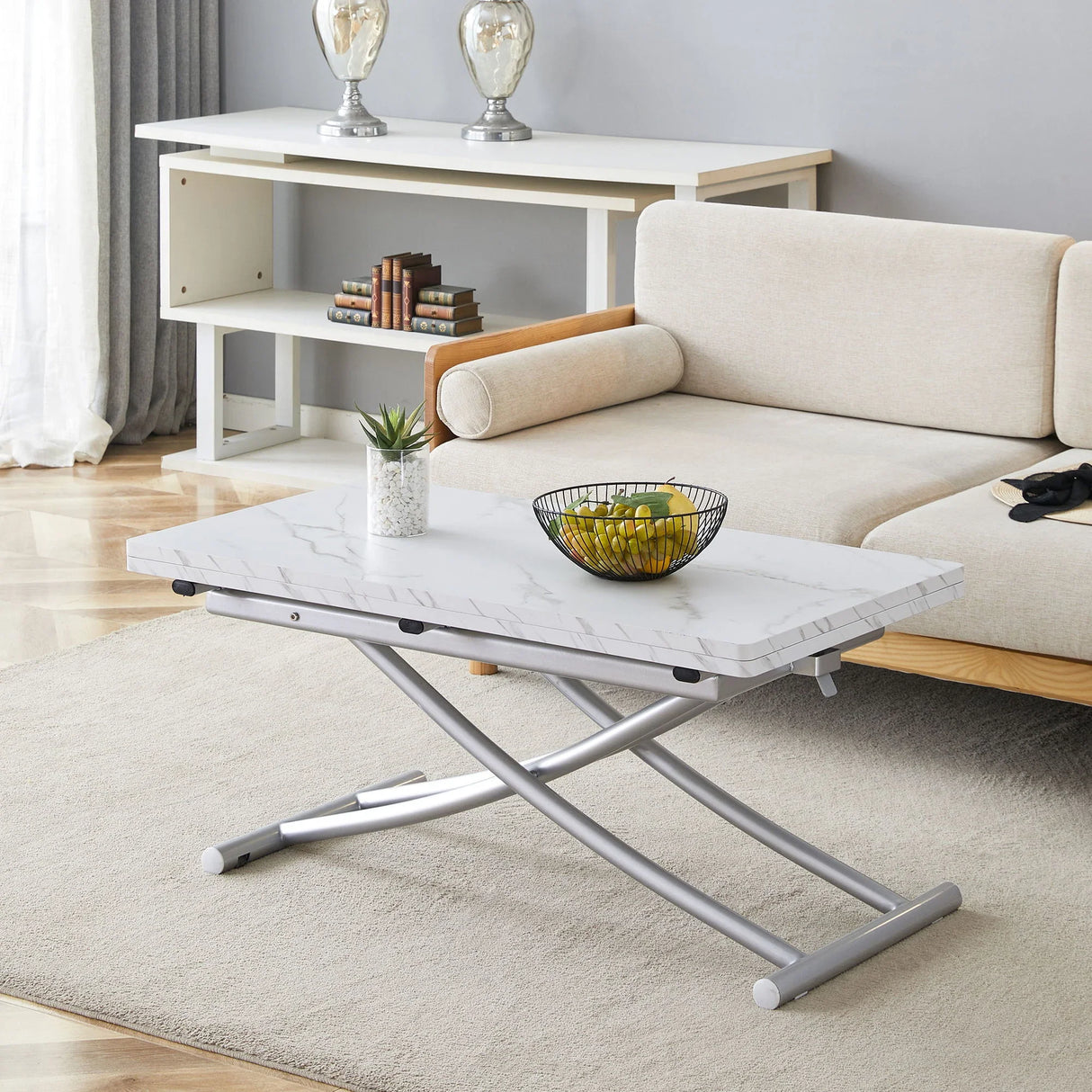 Modern Minimalist Multifunctional Lift Table With Metal Legs - White / Silver - Furniture Home Direct