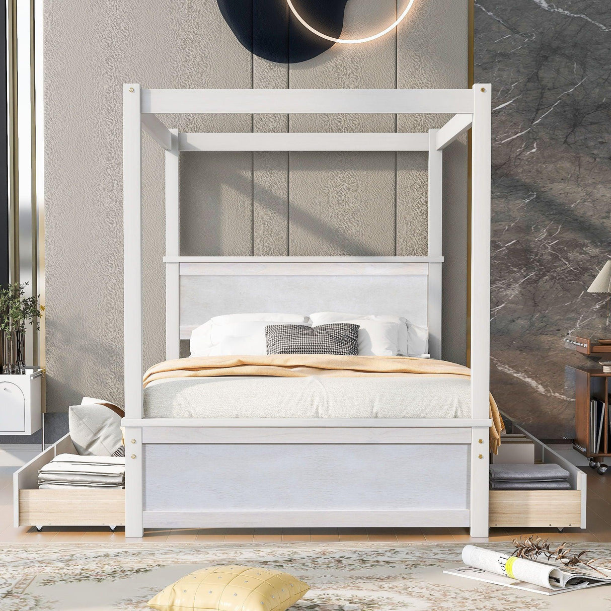 Canopy Platform Bed With Drawers, Support Slats, No Box Spring Needed - Furniture Home Direct